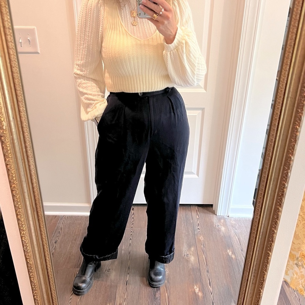 Vintage high-rise dark navy blue pleat front wide leg cuffed trousers